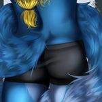  2014 anthro blonde_hair blue_fur briefs butt canine clothed clothing fur hair half-dressed male mammal myett-wrath simple_background solo standing topless underwear 