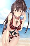  beach bikini blush bottle_to_cheek breasts brown_eyes brown_hair cleavage collarbone day highres kantai_collection kantai_collection_(anime) large_breasts long_hair looking_at_viewer navel ocean ponytail ramune shirousa smile solo stomach swimsuit thigh_gap yamato_(kantai_collection) 