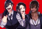  bad_id bad_pixiv_id black_gloves black_hair brown_hair dog_tags eyepatch gloves highres hohehohe kashuu_kiyomitsu male_focus mole mole_under_mouth multiple_boys nail_polish necktie ookurikara open_mouth ponytail red_eyes sharp_teeth shokudaikiri_mitsutada smile teeth touken_ranbu yellow_eyes 