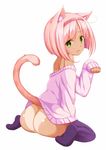  animal_ears ass bad_id bad_pixiv_id bare_shoulders bottomless cat_ears cat_tail eyebrows eyebrows_visible_through_hair fang from_behind green_eyes hairband looking_at_viewer looking_back naked_sweater no_panties off_shoulder original paw_pose pink_hair sekiyu. short_hair simple_background sitting solo sweater tail tan tanline thighhighs white_background 