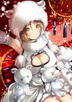  animal_ears animal_hat arm_up blonde_hair breasts cleavage cleavage_cutout dress elbow_gloves fake_animal_ears fur gloves hat large_breasts looking_at_viewer ogino_atsuki original smile solo stuffed_animal stuffed_toy teddy_bear white_dress yellow_eyes 