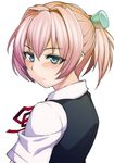  blue_eyes blush commentary_request hair_ornament kantai_collection kupala neck_ribbon pink_hair ponytail red_neckwear red_ribbon ribbon school_uniform shiranui_(kantai_collection) short_hair solo upper_body vest white_background 