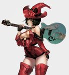  akakitsu arched_back bare_shoulders black_hair boots breasts choker contrapposto gloves green_eyes guilty_gear guitar hat i-no instrument looking_at_viewer medium_breasts mole mole_above_mouth nail_polish no_bra red_footwear red_hat red_legwear short_hair simple_background solo standing thigh_boots thighhighs witch witch_hat 