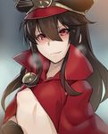  black_hair blush cape fate_(series) grin hat koha-ace kurowa long_hair naked_cape oda_nobunaga_(fate) red_eyes shako_cap smile solo sweat upper_body 