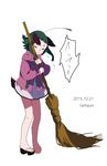  animal_ears broom full_body green_hair highres hikimayu kasodani_kyouko namauni short_hair sneezing solo touhou 