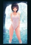  absurdres aoyama_sumika bangs black_border black_hair border breasts brown_eyes casual_one-piece_swimsuit coffee-kizoku eyebrows_visible_through_hair highres legs_apart looking_at_viewer medium_breasts one-piece_swimsuit original scan short_hair smile solo swimsuit wading wet wet_hair white_swimsuit 