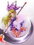  american_flag_dress american_flag_legwear blonde_hair butterfly_wings clownpiece fire hat highres jester_cap kakiikada long_hair pantyhose scythe solo striped striped_legwear touhou wings 