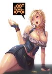 :d arm_support bangs black_skirt blonde_hair blush bodice breasts choker cleavage collarbone corset detached_sleeves dirndl drill_hair fingerless_gloves food food_on_body food_on_face german_clothes gloves heart heart-shaped_pupils highres honey jewelry large_breasts long_hair looking_afar looking_to_the_side midriff miniskirt monster_hunter navel necklace nose_blush open_mouth pleated_skirt purple_eyes rebe11 reclining signature skirt smile solo strapless suggestive_fluid swept_bangs symbol-shaped_pupils tubetop underbust 