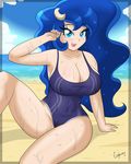  arm_support armpits beach blue_eyes blue_hair breasts cogbrony competition_swimsuit day eyelashes eyeshadow large_breasts long_hair looking_at_viewer luna_(my_little_pony) makeup moon_(ornament) my_little_pony my_little_pony_friendship_is_magic one-piece_swimsuit outdoors personification princess shiny shiny_hair sitting skin_tight sky smile solo swimsuit very_long_hair water wet 