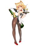  alcohol animal_ears barcode barcode_tattoo bare_shoulders bat_wings bell black_gloves black_legwear blonde_hair blush cat_ears cat_tail champagne choker cloth collarbone cork drink fujidouyuu full_body glass gloves hand_on_own_chest head_tilt high_heels highres holding jingle_bell kittysuit leotard looking_at_viewer original pantyhose red_footwear shoes short_hair slit_pupils smile solo tail tail_hold tattoo tray wings wrist_cuffs yellow_eyes 