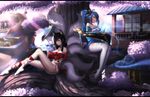  ahoge ahri animal animal_ears architecture bangs bare_shoulders bell between_breasts bird blue_hair blush breasts cleavage closed_mouth cross-laced_legwear detached_sleeves dress east_asian_architecture fox_ears fox_tail highres hk_(hk) in_tree instrument knot large_breasts league_of_legends legs_together letterboxed lipstick long_hair long_sleeves looking_at_viewer magic makeup multiple_girls multiple_tails music no_shoes outdoors pink_lips playing_instrument red_dress sitting smile sona_buvelle sunlight swept_bangs tail thighhighs tree twintails upskirt very_long_hair whiskers white_legwear yellow_eyes 