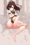  akizuki_(kantai_collection) black_hair feet kantai_collection long_hair panties pantyshot ponytail school_uniform serafuku socks solo striped striped_panties thigh_strap underwear yong_mei-uta 