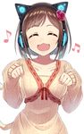  :3 animal_ears axent_wear beamed_eighth_notes brown_hair cat_ear_headphones cat_ears closed_eyes collarbone commentary eighth_note fang flower hair_flower hair_ornament headphones idolmaster idolmaster_cinderella_girls maekawa_miku musical_note open_mouth paw_pose short_hair smile solo wagashi928 