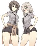  bad_id bad_twitter_id blue_eyes blush brown_eyes brown_hair cameltoe from_below girls_und_panzer inactive_account itsumi_erika long_hair multiple_girls necktie nishizumi_maho nose_blush panties pantyshot pantyshot_(standing) pleated_skirt school_uniform simple_background skirt standing sweatdrop tied_jacket underwear upskirt velzhe white_background white_panties wristband 