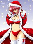  bikini breasts christmas cleavage cloak fur_trim head_tilt heart hood large_breasts looking_at_viewer midriff navel nekominase pink_eyes pink_hair saigyouji_yuyuko short_hair side-tie_bikini smile solo swimsuit thighhighs touhou white_legwear 