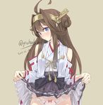  2015 ahoge blush bow bow_panties brown_hair dated hair_bun hairband kantai_collection kongou_(kantai_collection) lifted_by_self long_hair panties ribbon-trimmed_sleeves ribbon_trim side-tie_panties signature simple_background skirt skirt_lift solo twitter_username underwear white_panties yahako 