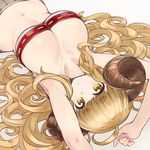  :o ahoge anila_(granblue_fantasy) armpits arms_up bandeau bangs bare_arms bare_shoulders blonde_hair blunt_bangs bra breasts brown_eyes brown_skirt chan_co cleavage collarbone curly_hair draph granblue_fantasy horns large_breasts long_hair looking_at_viewer lying midriff navel on_back parted_lips pleated_skirt red_bra sheep_horns sidelocks simple_background skirt solo stomach underwear upper_body upside-down very_long_hair white_background 