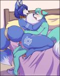  2018 anthro areola bed big_breasts blue_fur blue_hair blush breastfeeding breasts canine collar duo eyes_closed female fox fur fur_markings green_eyes hair hairband head_grab hi_res huge_breasts krystal lactating lavenderpandy looking_at_another male male/female mammal markings milk nintendo nipples nude on_lap penis pillow roflfox sitting_on_lap star_fox tailband theblackrook thick_thighs video_games voluptuous white_fur 