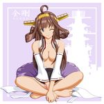  ahoge barefoot breasts brown_hair character_name detached_sleeves double_bun hairband indian_style kantai_collection kongou_(battleship) kongou_(kantai_collection) long_hair looking_at_viewer medium_breasts no_bra one_eye_closed panties pink_panties purple_eyes remodel_(kantai_collection) shiba_cyon silhouette sitting skirt solo underwear v_arms 