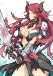  airomed borrowed_character breasts fingerless_gloves frown gebyy-terar gloves horns large_breasts long_hair original red_hair shoulder_pads solo sword very_long_hair weapon 