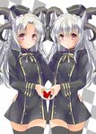  animal_ears bad_id bad_pixiv_id black_legwear braid hair_between_eyes hand_on_another's_hip hat heart heart_hands heart_hands_duo horns konataeru long_hair long_sleeves looking_at_viewer multiple_girls original red_eyes ribbon siblings silver_hair simple_background sisters smile standing thighhighs twin_braids twins uniform very_long_hair white_background yellow_ribbon zettai_ryouiki 