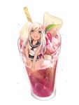  :d absurdres bangs bare_legs blonde_hair blue_eyes crop_top cup drinking_glass flower food from_above fruit glass hair_flower hair_ornament happy highres ice_cream ice_cream_float in_food kantai_collection leaf lifebuoy long_hair looking_at_viewer minigirl mxn neckerchief open_mouth oversized_object ro-500_(kantai_collection) sailor_collar school_swimsuit simple_background sleeveless smile solo sparkle strawberry swept_bangs swimsuit swimsuit_under_clothes tan tanline wafer_stick white_background 