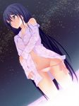  arm_at_side bangs bare_shoulders black_hair bow breasts collarbone collared_shirt copyright_request dripping dutch_angle from_below groin hair_between_eyes highres long_hair long_sleeves looking_afar looking_up machimura_komori navel night night_sky no_bra no_pants off_shoulder open_clothes open_shirt outdoors panties panty_pull pink_bow pink_panties pink_shirt purple_eyes shirt side-tie_panties sky small_breasts solo standing star_(sky) starry_sky stomach underwear very_long_hair wading water wet wet_clothes 