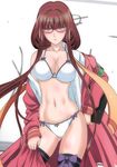  aoki_hagane_no_arpeggio bra breasts brown_eyes brown_hair cleavage clothes_removed glasses hiei_(aoki_hagane_no_arpeggio) kaname_aomame large_breasts long_hair low_ponytail panties school_uniform solo thighhighs underwear very_long_hair 