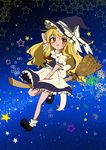  absurdres apron between_legs blonde_hair blush bow broom broom_riding eyebrows eyebrows_visible_through_hair hair_bow hand_between_legs hat hat_bow highres kirisame_marisa long_hair mary_janes noma_(3935728) puffy_short_sleeves puffy_sleeves shoes short_sleeves smile socks solo star starry_background touhou waist_apron white_bow witch_hat yellow_eyes 