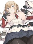  black_gloves black_legwear blonde_hair blue_eyes blush breasts breasts_apart capelet covering covering_one_breast gloves graf_zeppelin_(kantai_collection) hair_between_eyes hat highres jonsun kantai_collection large_breasts long_hair looking_at_viewer lying miniskirt on_back pantyhose peaked_cap sidelocks simple_background skirt solo torn_clothes twintails uniform white_background 