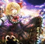  :d blonde_hair dress frilled_dress frills haiki_(hakkyoii06) hair_ribbon open_mouth outstretched_arms red_eyes ribbon rumia shirt short_hair slit_pupils smile solo spread_arms touhou 