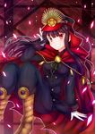  black_hair boots cape family_crest fate_(series) gloves grin hat highres koha-ace long_hair military military_uniform oda_nobunaga_(fate) oda_uri red_eyes shako_cap sitting smile soda_(sodachuxd) solo uniform 