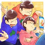  anubisu-no-sinpan brothers crossed_arms dated flower_(symbol) hood hoodie index_finger_raised indian_style male_focus matsuno_karamatsu matsuno_osomatsu matsuno_todomatsu multiple_boys one_eye_closed osomatsu-kun osomatsu-san outside_border siblings sitting sweatdrop yellow_background 