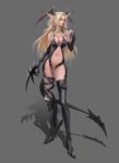  absurdres blonde_hair boots breasts claws cleavage demon_girl elbow_gloves fishnets gloves head_wings highres large_breasts long_hair looking_at_viewer navel original pointy_ears purple_eyes simple_background solo succubus thighhighs yuwei_li 