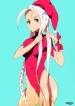  adjusting_hair blonde_hair blue_eyes braid cammy_white christmas covered_navel hat leotard long_hair red_leotard santa_hat solo street_fighter tom_skender 