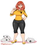  breasts claudette_j_hornette covered_navel curvy grey_eyes hand_on_hip highres large_breasts larva leggings lightsource long_hair looking_at_viewer original pointing pointing_at_self red_hair simple_background smile solo thick_thighs thighs white_background wide_hips 