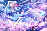  bare_legs barefoot blue_dress bug butterfly cherry_blossoms cloud cloudy_sky dress fan flying frilled_kimono frills highres insect japanese_clothes kimono kurisu_tina looking_at_viewer magic petals pink_hair red_eyes ribbon-trimmed_sleeves ribbon_trim saigyouji_yuyuko saigyouji_yuyuko's_fan_design sailor_collar sash short_hair sky sleeves_pushed_up smile solo touhou tree wide_sleeves 