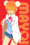  :3 acchi_kocchi asapaa blush breasts character_name commentary_request hair_over_eyes heart katase_mayoi labcoat medium_breasts open_mouth orange_hair school_uniform short_hair skirt solo 