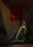  blonde_hair denim great_knife jacket james_sunderland jeans kizdollark knife male_focus nose pants silent_hill silent_hill_2 sitting solo sword weapon 