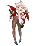  ;d alcohol animal_ears barcode barcode_tattoo bare_shoulders bat_wings beads bell black_gloves black_legwear blue_footwear blush cat_ears cat_tail champagne choker cloth collarbone cork drink fang fishnet_pantyhose fishnets fujidouyuu full_body glass gloves hand_on_own_chest head_tilt high_heels highres holding jingle_bell kittysuit leotard looking_at_viewer low_wings multiple_wings one_eye_closed open_mouth original pantyhose red_leotard red_ribbon ribbon shoes short_hair silver_hair slit_pupils smile solo tail tail_hold tattoo tray wings wrist_cuffs yellow_eyes 
