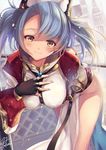  artist_name bent_over black_gloves blue_hair blush breasts brown_eyes chromatic_aberration fingerless_gloves fukai_ryousuke gem gloves granblue_fantasy groin hair_between_eyes hand_on_own_chest hanging_breasts hat jewelry large_breasts long_hair long_sleeves looking_at_viewer pelvic_curtain puffy_long_sleeves puffy_sleeves ring sapphire_(stone) shoulder_pads signature smile solo sophia_(granblue_fantasy) twintails 