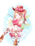  ;q arm_garter artist_name beads bracelet brown_hair cherry cherry_print cross-laced_footwear cup dress drinking_glass food food_print frills fruit gloves hair_ornament hairclip hand_on_headwear hat in_container in_cup jewelry koizumi_hanayo leaf leg_garter love_live! love_live!_school_idol_festival love_live!_school_idol_project mei_(maysroom) minigirl necklace one_eye_closed pink_gloves red_eyes short_hair signature sitting smile solo strapless strapless_dress tongue tongue_out 