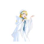  :d ayase_eli beret blonde_hair blue_eyes dress fake_wings hand_on_own_chest hat long_hair love_live! love_live!_school_idol_project non-web_source official_art open_mouth outstretched_hand ribbon smile solo striped striped_ribbon transparent_background white_dress wings 