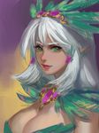  blush breasts cleavage dark_skin elf feathers green_eyes highres jewelry large_breasts lipstick long_hair looking_at_viewer looking_to_the_side makeup necklace original pointy_ears silver_hair solo yuwei_li 