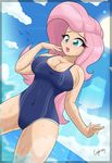  :o aqua_eyes blush breasts bursting_breasts cameltoe cogbrony competition_swimsuit day embarrassed eyelashes fluttershy large_breasts lens_flare long_hair looking_down my_little_pony my_little_pony_friendship_is_magic one-piece_swimsuit outdoors personification pink_hair skin_tight sky solo standing sun swimsuit water wet 