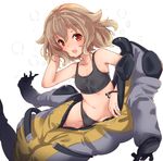  atra_mixta blonde_hair bracelet gundam gundam_tekketsu_no_orphans jewelry midriff navel nikke_(cherish) open_mouth panties red_eyes short_hair solo spacesuit sports_bra sweat underwear 