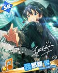  :d beamed_eighth_notes black_hair blue_eyes character_name disco_ball dress earrings ganaha_hibiki grin hat idolmaster idolmaster_(classic) idolmaster_million_live! jewelry long_hair looking_at_viewer musical_note official_art open_mouth signature smile solo v-shaped_eyebrows 