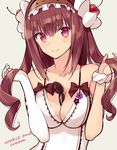  between_breasts bow breasts brown_hair cherry cherry_hair_ornament cleavage cookie dress elbow_gloves food food_themed_clothes food_themed_hair_ornament frills fruit gloves hair_ornament hairband holding holding_hair large_breasts long_hair looking_at_viewer ninomoto oreo original red_eyes scrunchie single_elbow_glove smile solo two_side_up upper_body white_dress wrist_scrunchie 