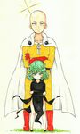  1girl :o absurdres bald black_dress blush boots cape commentary_request crossed_arms dress gloves green_eyes green_hair highres marker_(medium) mehonobu_g one-punch_man red_footwear red_gloves saitama_(one-punch_man) tatsumaki traditional_media 
