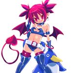  bat_wings belt demon_girl demon_tail disgaea earrings elbow_gloves etna gloves highres jewelry makai_senki_disgaea osamu_yagi pointy_ears prinny red_eyes red_hair solo tail thighhighs twintails v wings 